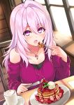  bangs bare_shoulders blueberry blush breasts cappuccino_(drink) chain coffee_mug collarbone commentary_request cu-no cup day dress dutch_angle eyebrows_visible_through_hair food fork fruit hair_between_eyes hisenkaede holding holding_fork holding_knife ice_cream indoors jewelry knife large_breasts long_hair long_sleeves looking_at_viewer mug open_mouth pancake pendant pink_hair plate purple_dress purple_eyes saucer shoulder_cutout single_hair_intake sitting solo stack_of_pancakes strawberry sunlight table window yayoi_sakura 