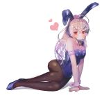  alternate_costume alternate_hairstyle animal_ears arm_garter arm_support bangs bare_shoulders blush bow bowtie breasts bunny_ears bunnysuit cleavage commentary_request detached_collar eyebrows_visible_through_hair flying_heart girls_frontline hair_between_eyes hair_ornament hairclip hanato_(seonoaiko) highres iws-2000_(girls_frontline) large_breasts leotard long_hair looking_at_viewer pantyhose ponytail red_eyes revision ribbon sidelocks silver_hair simple_background smile solo tail twitter_username white_background wrist_cuffs 