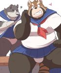  &lt;3 2014 anthro ayame42612 belly black_nose blush bulge canine cheek_tuft clothed clothing crossdressing digital_media_(artwork) duo fur humanoid_hands kemono looking_at_viewer male mammal one_eye_closed overweight overweight_male red_panda school_uniform skirt smile teeth thick_thighs tuft underwear uniform wink 