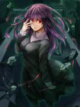  absurdres asagami_fujino blue_dress breasts commentary_request dress fate/grand_order fate_(series) feet_out_of_frame fingernails hand_on_own_face highres kara_no_kyoukai long_dress long_hair medium_breasts open_mouth purple_hair red_eyes school_uniform solo standing user_hstd3528 
