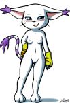  2018 anthro black_nose blue_eyes blush breasts cat claws clothed clothing cute digimon digimon_(species) digital_media_(artwork) feline female fur gatomon gloves happy hi_res humanoid mammal milesnukem multicolored_fur nipples open_mouth pussy simple_background smile solo tongue whiskers white_background white_fur 