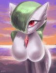  2018 absurd_res big_breasts breasts detailed_background female gardevoir hi_res humanoid looking_at_viewer nintendo not_furry nozabii outside pok&eacute;mon pok&eacute;mon_(species) red_eyes smile solo sunset video_games 