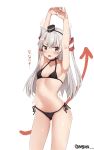  alternate_costume amatsukaze_(kantai_collection) armpits ass_visible_through_thighs bangs bikini black_bikini blush choker collarbone commentary eyebrows_visible_through_hair hair_between_eyes hair_tubes highres kantai_collection long_hair looking_at_viewer meguru_(megurunn) navel open_mouth outstretched_arms side-tie_bikini silver_hair simple_background smokestack smokestack_hair_ornament solo standing swimsuit translated two_side_up white_background 