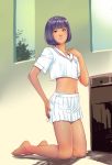  bangs barefoot blunt_bangs brown_eyes closed_mouth dark_skin flat_chest gekkou_(geccomajin) hand_on_own_ass indoors kneeling looking_at_viewer midriff navel original pleated_skirt purple_hair sailor_collar school_uniform short_hair skirt solo white_skirt 