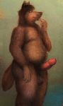  2000 anthro balls bd brown_fur canine colored_pencil_(artwork) cum fur half-closed_eyes humanoid_penis male mammal nude penis slightly_chubby solo standing tasting tasting_cum tongue tongue_out traditional_media_(artwork) 