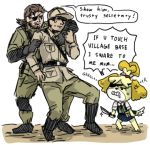  2015 angry animal_crossing anthro bandanna canine clothed clothing crossover dialogue dog english_text eye_patch eyewear female fur group growling human isabelle_(animal_crossing) knife konami male mammal metal_gear mitogenesis nintendo paws shih_tzu simple_background text uniform venom_snake video_games white_background yellow_fur 