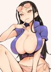  are_(arearee) areola_slip areolae black_hair breasts cleavage collarbone commentary_request finger_to_mouth highres hips huge_breasts jacket long_hair looking_down midriff navel nico_robin one_piece pink_background red_eyes shiny shiny_skin simple_background smile solo sunglasses thighs 