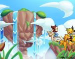  anthro azura_racon_(fursona) azuraracon cloud detailed_background grass group hi_res low-angle_view male map mostly_nude mountain nintendo pikachu pok&eacute;mon pok&eacute;mon_(species) pok&eacute;mon_mystery_dungeon pok&eacute;morph rax_(azuraracon) scarf smeargle typha video_games water waterfall zephyr_(azuraracon) 