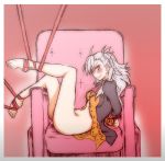  armchair arms_behind_back bangs barefoot bdsm black_jacket blush bondage border bottomless bound braid breasts chair cravat embarrassed fate/grand_order fate_(series) frown full_body grey_hair jacket legs_up long_hair long_sleeves medium_breasts olga_marie_animusphere orange_eyes orange_shirt partially_undressed pink_background profile restrained ribbon ribbon_bondage shirt side_braid sideways_glance sitting_sideways solo tententensan thighs unbuttoned white_border 