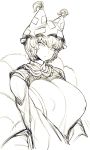  :&lt; breast_squeeze breasts covered_nipples eyebrows_visible_through_hair fox_tail frilled_shirt_collar frills hat huge_breasts looking_at_viewer monochrome multiple_tails pillow_hat short_hair slit_pupils solo space_jin tabard tail tassel touhou wide_hips wide_sleeves yakumo_ran 