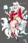 :d ahri animal_ears boots commentary_request fox_ears fox_tail full_body fusion grey_background hands_up highres idolmaster idolmaster_(classic) korean korean_commentary league_of_legends long_hair looking_at_viewer multiple_tails open_mouth red_eyes shijou_takane signature simple_background smile solo tail tuxedo_de_cat very_long_hair whisker_markings white_hair 