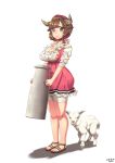  alsea blush breasts brown_eyes brown_hair cleavage commentary_request cow_horns dated dress full_body goat hood horns large_breasts looking_at_viewer milk original pink_dress sandals short_hair smile solo standing white_background 