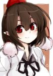  azumaya_toushirou bangs black_neckwear black_ribbon blush border breasts brown_background brown_hair commentary_request hair_between_eyes hat highres large_breasts looking_at_viewer neck_ribbon outside_border pointy_ears pom_pom_(clothes) poop puffy_short_sleeves puffy_sleeves red_eyes ribbon shameimaru_aya shirt short_hair short_sleeves simple_background sketch smile solo tassel tokin_hat touhou upper_body white_border white_shirt wing_collar 