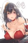  :d ahoge azur_lane bangs bare_shoulders black_hair blush breast_rest breasts choker cleavage cocktail_dress collar collarbone commentary_request counter covered_nipples dress eyebrows_visible_through_hair glass hair_between_eyes hair_ornament highres huge_breasts long_hair looking_at_viewer open_mouth red_choker red_dress red_eyes sagging_breasts smile solo spill strap_pull sweat sweatdrop taihou_(azur_lane) thomasz translation_request undressing 