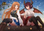  animal anne_(shingeki_no_bahamut) bangs bird black_legwear black_panties black_vest blonde_hair blue_skirt blue_sky blunt_bangs blurry blurry_background boots breasts brown_footwear center_frills closed_mouth cloud cloudy_sky commentary cross-laced_footwear day depth_of_field dragon_girl dragon_horns dragon_tail dragon_wings eye_contact eyebrows_visible_through_hair frills grea_(shingeki_no_bahamut) green_eyes hair_between_eyes highres holding_hand horns kazenokaze knee_boots lace-up_boots long_hair long_sleeves looking_at_another looking_to_the_side medium_breasts multiple_girls outdoors panties plaid plaid_skirt pleated_skirt red_eyes red_hair red_skirt red_wings scales shingeki_no_bahamut shirt short_sleeves sitting skirt sky smile tail thighhighs thighhighs_under_boots torn_clothes torn_shirt underwear very_long_hair vest white_shirt wings yuri 