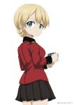  bangs black_skirt blonde_hair blue_eyes closed_mouth commentary cup darjeeling epaulettes eyebrows_visible_through_hair from_side girls_und_panzer holding holding_cup jacket long_sleeves looking_at_viewer military military_uniform miniskirt pleated_skirt red_jacket saucer shibagami short_hair simple_background skirt smile solo st._gloriana's_military_uniform standing teacup tied_hair uniform white_background 