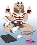 2018 anthro bowl breasts brown_fur canine caprine cherry cleavage clothed clothing cupcake dog eyebrows female floppy_ears food fruit fur goat holding_object horn hybrid looking_at_viewer mammal purple_eyes sally_hazel shirt shorts sitting solo spottedtigress white_fur 