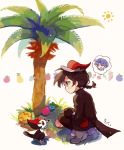  aspear_berry belt_pouch black_eyes black_gloves black_hair bluk_berry braid braided_ponytail cheri_berry gen_7_pokemon gloves hat highres moemon moro_sorano palm_tree pecha_berry personification pikipek pokemon pokemon_(creature) popplio pouch rawst_berry red_hat simple_background single_braid squatting sun thought_bubble tree white_background 