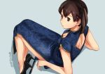  back_cutout black_footwear blue_background blue_dress brown_eyes brown_hair china_dress chinese_clothes cleavage_cutout dress floral_print full_body high_heels kaga_(kantai_collection) kantai_collection makio_(makiomeigenbot) short_hair side_ponytail simple_background sitting solo unmoving_pattern 