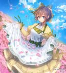  apron apron_hold blue_eyes blue_sky bow braid brown_hair bug cloud copyright_name crown_braid day dragonfly field flower flower_field green_bow hair_between_eyes hair_bow insect interitio long_sleeves looking_at_viewer official_art outdoors petals pink_flower short_hair sid_story skirt sky smile watermark yellow_skirt 