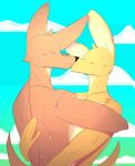  2018 anthro blush canine cloud digital_media_(artwork) duo eyewear fur glasses intimacy invalid_color kissing male male/male mammal nude romantic romantic_couple sunset sweat tigertooth wolf 