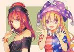  american_flag_dress bangs bare_shoulders beige_background black_choker black_shirt blonde_hair blue_dress bracelet breasts choker cleavage clothes_writing clownpiece collarbone commentary_request dress eyebrows_visible_through_hair eyes_visible_through_hair green_background hair_between_eyes hand_up hands_up hat hecatia_lapislazuli highres jester_cap jewelry long_hair looking_at_viewer multiple_girls neck_ruff off-shoulder_shirt off_shoulder open_mouth pink_eyes polka_dot_hat polos_crown purple_hat red_dress red_eyes red_hair shirt shometsu-kei_no_teruru short_sleeves sidelocks small_breasts smile star star_print striped striped_dress touhou two-tone_background upper_body 
