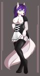  anthro areola blue_eyes breasts canine clothed clothing digital_media_(artwork) eyeshadow female flashing garter hair hi_res legwear lipstick long_hair looking_at_viewer maid_uniform makeup mammal nipples purple_hair shazzi simple_background smile solo standing stockings topless uniform 