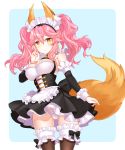  \n/ animal_ears apron bangs black_bow black_dress blue_background blush bow bow_panties breasts brown_legwear closed_mouth commentary_request cowboy_shot detached_sleeves dress eyebrows_visible_through_hair fate/grand_order fate_(series) fox_ears fox_girl fox_tail frilled_apron frilled_legwear frills hair_between_eyes highres large_breasts long_hair long_sleeves maid maid_headdress panties pink_hair pleated_dress shiosoda sleeveless sleeveless_dress smile solo tail tamamo_(fate)_(all) tamamo_no_mae_(fate) thighhighs twintails two-tone_background underwear waist_apron white_apron white_background white_panties yellow_eyes 