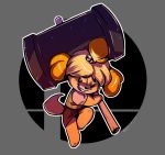  2018 animal_crossing anthro blonde_hair canine clothing female gyuu-chan hair hair_ornament hammer hi_res isabelle_(animal_crossing) logo long_ears mammal nintendo smile solo super_smash_bros tools video_games 