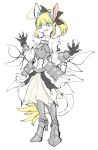  4_claws anthro anthrofied armor big_ears blonde_hair clothed clothing fate_(series) fur gauntlets gloves greaves green_eyes hair hair_bow hair_ribbon hooves midriff open_mouth ponytail ribbons saber_(fate) saber_lily short_hair skirt tail_tuft takatsuki_nato tuft unknown_species white_fur 