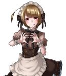  :p ahoge black_bow blush bow brown_hair brown_skirt cowboy_shot earrings heart heart_hands highres ishaq-braver jewelry looking_at_viewer maid original red_eyes short_sleeves simple_background skirt solo standing striped tongue tongue_out vertical_stripes white_background 