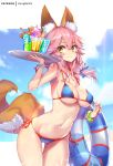  animal_ear_fluff animal_ears bangs bare_shoulders bendy_straw bikini blue_bikini blue_bow blue_sky blush bow bracelet breasts brown_eyes closed_mouth cloud cloudy_sky collarbone commentary cup day drink drinking_glass drinking_straw eyebrows_visible_through_hair fate/grand_order fate_(series) fingernails food fox_ears fox_girl fox_tail hair_between_eyes hair_bow hand_up holding holding_tray hong_(white_spider) ice_cream ice_cream_float innertube jewelry large_breasts long_hair looking_at_viewer nail_polish navel pink_hair red_nails side-tie_bikini signature sky smile solo swimsuit tail tamamo_(fate)_(all) tamamo_no_mae_(swimsuit_lancer)_(fate) transparent tray wafer_stick 