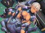  1boy 1girl ass_grab blue_skin breasts censored condom curvy dark_skin erection female grabbing handjob happy hetero large_breasts lilith-soft long_hair miranda_camilo moaning nude penis scar sex shiny shiny_skin sitting smile sweat taimanin_asagi_battle_arena tattoo vaginal yuuji_(and) 