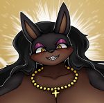  2018 anthro big_breasts black_fur black_nose breasts brown_fur canine christian_symbol christianity cross cross_necklace dog female fur hi_res jewelry laverne_(sssonic2) looking_at_viewer mammal multicolored_fur necklace nude nun portait religion simple_background smile solo sssonic2 two_tone_fur yellow_background yellow_eyes 