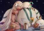  altera_(fate) altera_the_santa armpits bangs bare_shoulders breasts choker cleavage closed_eyes commentary_request dark_skin detached_sleeves earmuffs fate/grand_order fate_(series) feet_out_of_frame full_body_tattoo gift highres legs midriff miuka navel open_mouth photon_ray red_footwear revealing_clothes seiza sheep short_hair sitting sleeping sleeping_upright small_breasts snow snowing solo stomach stomach_tattoo tan tattoo thighs veil white_hair 