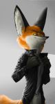  2018 anthro canine cheek_tuft clothed clothing disney fan_character fox half-closed_eyes head_tuft inner_ear_fluff looking_at_viewer low-angle_view male mammal open_jacket simple_background solo thewyvernsweaver tuft yellow_eyes zootopia 