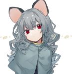  1girl alternate_hair_length alternate_hairstyle animal_ears bangs black_vest capelet cheese commentary daimaou_ruaeru eyebrows_visible_through_hair eyes_visible_through_hair food grey_capelet grey_hair hair_between_eyes head_tilt highres long_hair looking_at_viewer mouse_ears nazrin red_eyes short_eyebrows simple_background solo thick_eyebrows touhou upper_body vest wavy_hair white_background 