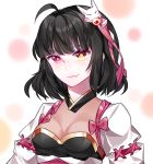  ahoge ara_han bangs black_hair breasts chuki_(lydia) cleavage closed_mouth elsword fang fox hair_ornament hairpin heterochromia highres little_specter_(elsword) medium_breasts sidelocks smile white_background 