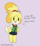  animal_crossing annoyed anthro canine dialogue dog english_text female fur isabelle_(animal_crossing) mammal nintendo open_mouth solo starshippizza text video_games 