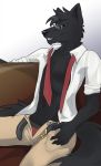  2018 anthro bedroom_eyes black_fur canine clothed clothing digital_media_(artwork) eyewear fur glasses half-closed_eyes kittentits looking_at_viewer male mammal rafer_grand seductive simple_background smile underwear undressing wolf 