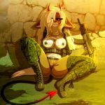  anthro blonde_hair boots breasts canine chococosalo clothed clothing demon female footwear fox hair hair_over_eye horn hybrid looking_at_viewer mammal nipple_bulge smile solo spread_legs spreading thick_thighs tight_clothing 