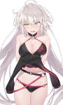  ahoge bangs bare_shoulders bikini black_bikini black_choker black_jacket blush breasts choker cleavage collarbone commentary_request fate/grand_order fate_(series) hair_between_eyes hayashi_kewi hips jacket jacket_removed jeanne_d'arc_(alter_swimsuit_berserker) jeanne_d'arc_(fate)_(all) large_breasts long_hair looking_to_the_side navel o-ring o-ring_bikini open_mouth silver_hair simple_background solo swimsuit thighs very_long_hair white_background yellow_eyes 