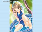  brown_eyes brown_hair foot hose pool swimsuit water wink 