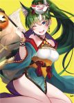  animal_ears fire_emblem fire_emblem:_rekka_no_ken fire_emblem_heroes fox_ears green_eyes green_hair halloween high_ponytail highres japanese_clothes kimono long_hair lyndis_(fire_emblem) mask one_eye_closed ponytail ringozaka_mariko smile solo 