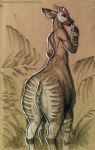  2015 anthro belly breasts brendavid brown_background butt colored_pencil_(artwork) dipstick_ears ear_piercing female ferns giraffid giraffid_taur graphite_(artwork) guide_lines hi_res horn humanoid_hands lighting looking_at_viewer looking_back mammal marker_(artwork) mixed_media monochrome nude okapi okapi_taur ossicones outside pen_(artwork) piercing plant portrait quadruped raised_arm rear_view sepia shadow side_boob simple_background smile snout solo standing striped_body tail_tuft taur three-quarter_portrait traditional_media_(artwork) tuft url 