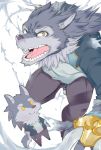  angry canine claws clothed clothing doll fully_clothed male mammal managarmr_(housamo) mane_hair osaruyan tokyo_afterschool_summoners water wolf yellow_eyes 