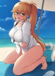  beach beach_towel beach_umbrella blonde_hair blue_eyes breasts cold_(hoshinoskull) collarbone competition_swimsuit day fate/grand_order fate_(series) full_body glasses jacket jeanne_d'arc_(fate)_(all) jeanne_d'arc_(swimsuit_archer) kneeling large_breasts long_hair one-piece_swimsuit open_clothes open_jacket open_mouth outdoors ponytail sky solo swimsuit towel umbrella very_long_hair whistle whistle_around_neck white_jacket white_swimsuit 
