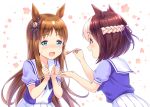 :d animal_ears blue_eyes blush bow braid brown_hair clenched_hands ear_ribbon eyebrows_visible_through_hair feeding food fork grass_wonder highres holding holding_fork horse_ears leaning_forward long_hair looking_at_another multicolored_hair multiple_girls nose_blush open_mouth profile purple_eyes ribbon school_uniform serafuku short_sleeves skirt smile sparkle special_week striped striped_ribbon sweatdrop tomo_(user_hes4085) two-tone_hair umamusume very_long_hair white_background white_hair white_skirt yuri 