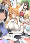  alternate_breast_size alternate_hairstyle animal_ear_fluff animal_ears apron bangs bare_shoulders bear_ears blonde_hair blush book bow bowtie breast_rest breasts brown_bear_(kemono_friends) brown_hair center_frills commentary_request common_raccoon_(kemono_friends) cup drinking_straw elbow_gloves eurasian_eagle_owl_(kemono_friends) eyebrows_visible_through_hair face_of_the_people_who_sank_all_their_money_into_the_fx food fur_collar gloves grey_hair hair_ornament hairclip hand_on_head hayashi_(l8poushou) highres jaguar_(kemono_friends) jaguar_ears jaguar_print japari_bun kemono_friends large_breasts long_hair multicolored_hair multiple_girls northern_white-faced_owl_(kemono_friends) otter_ears owl_ears pencil raccoon_ears serval_(kemono_friends) serval_ears serval_print short_hair sleeveless small-clawed_otter_(kemono_friends) table translated tray white_hair yellow_eyes 