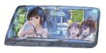  3girls alternate_hairstyle bangs black_eyes black_hair blunt_bangs blurry blurry_background brown_eyes brown_hair car_interior chin_rest closed_eyes closed_mouth commentary driving family father_and_daughter girls_und_panzer goripan ground_vehicle hair_up highres husband_and_wife light_smile looking_at_another looking_at_viewer mother_and_daughter motion_blur motor_vehicle multiple_girls nishizumi_maho nishizumi_miho nishizumi_shiho nishizumi_tsuneo open_mouth rear-view_mirror shirt short_sleeves siblings sisters smile tank_top truck white_shirt younger 